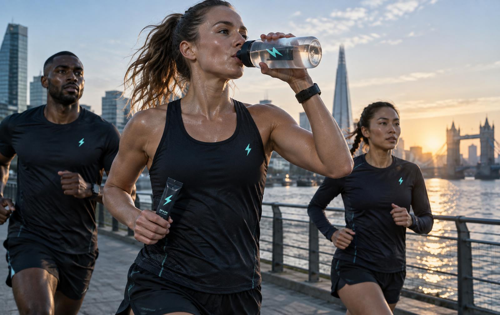 Three runners training beside the Thames with Spark hydration